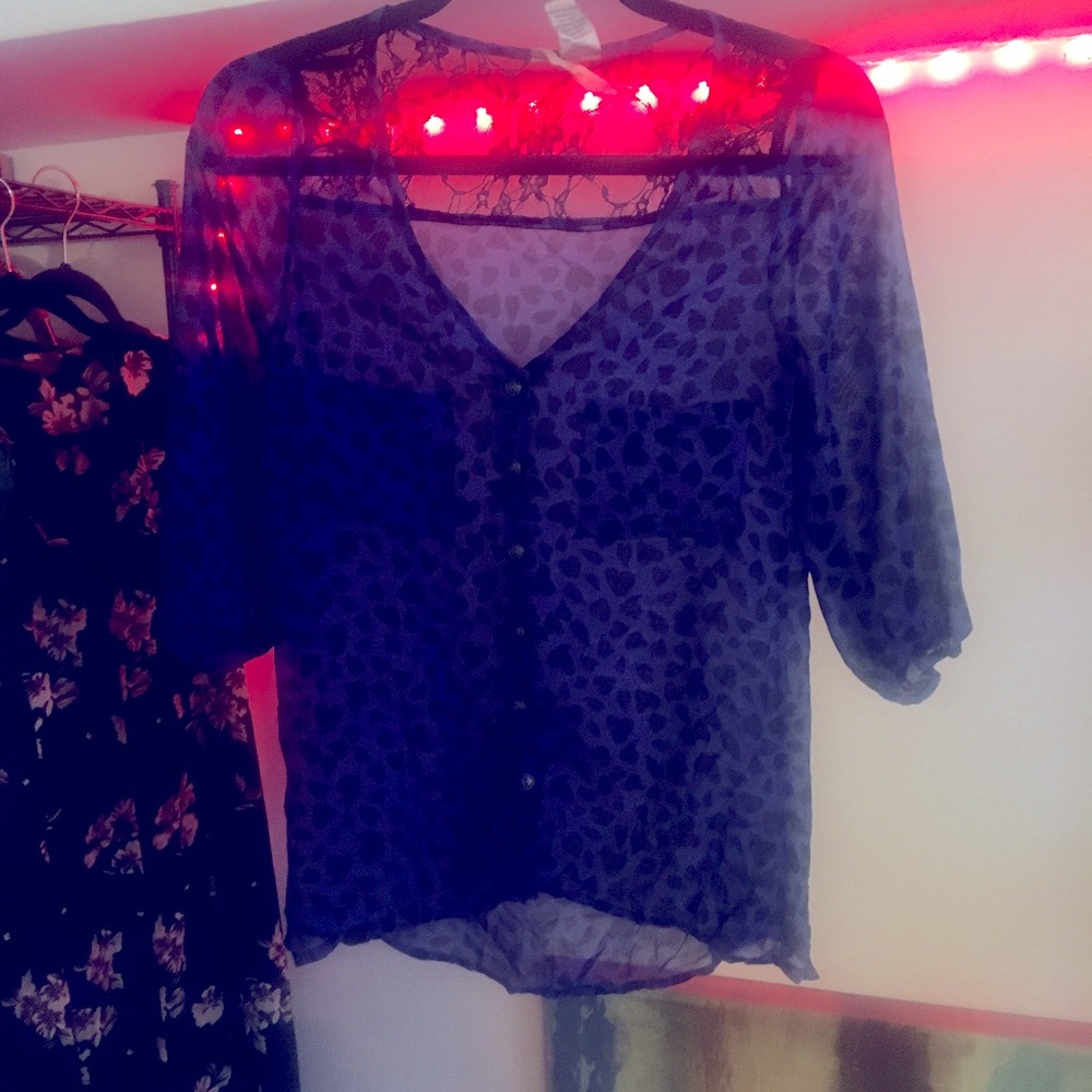 Leopard blue sheer and black lace blouse shirt